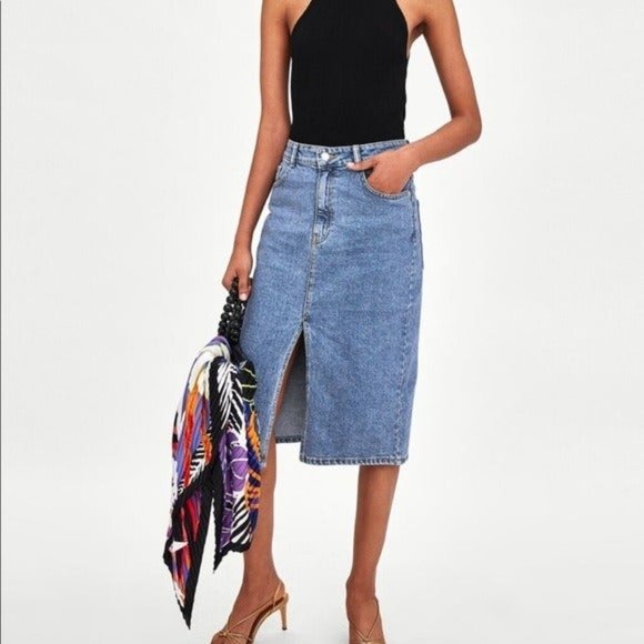 Zara Dresses & Skirts - Zara High Rise Front Slit Denim Skirt L